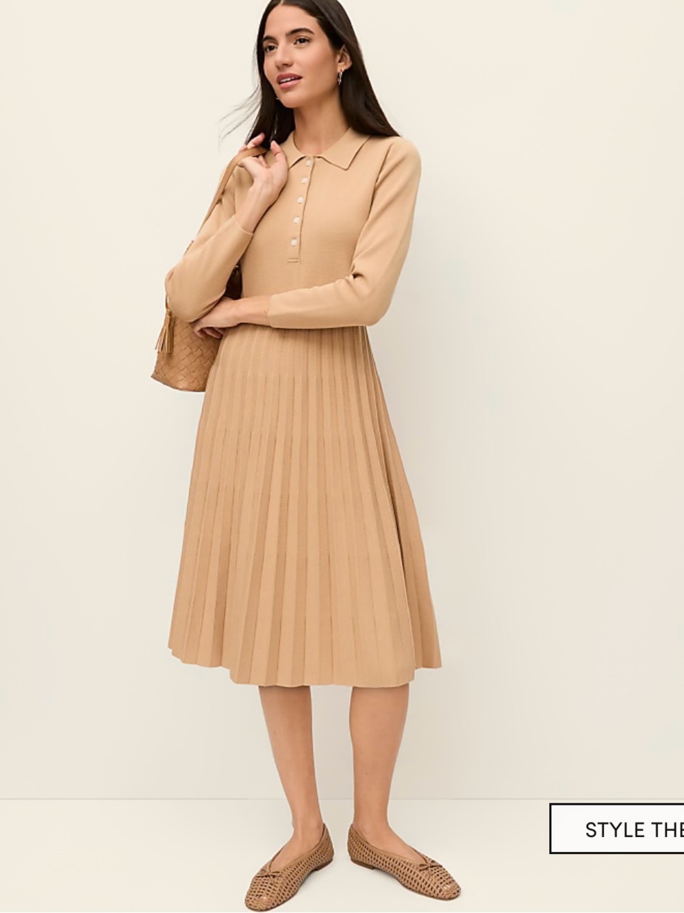 Ann Taylor Camel Pleated Polo Midi Dress
